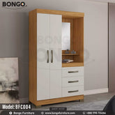 A white and brown wooden cupboard with a mirror on the upper right side, multiple storage drawers, and a closed door on the left side.